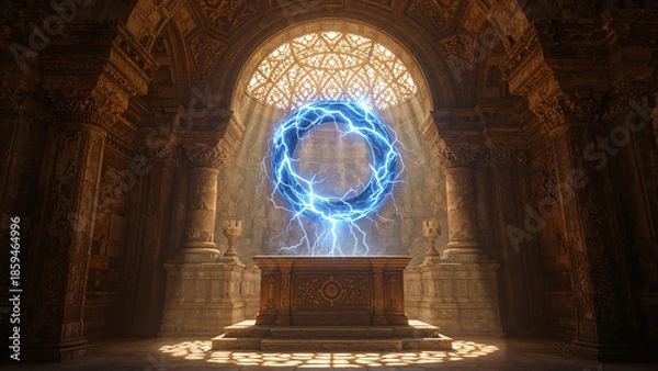 Fototapeta Altar in Ancient Temple, Glowing Lightning Portal Circle Above, Fantasy Mysterious Background