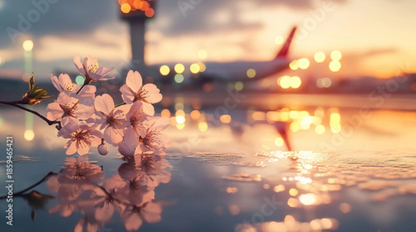 Obraz Pink blossoms reflect, Gentle pink petals mirror in puddles beneath illuminated airport tower