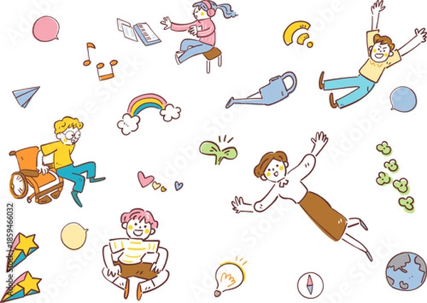 Obraz Wi-Fiや地球や紙飛行機のアイコンと共に空を自由に飛んでいる車椅子の少年や先生や子供たち、教育の未来と成長とSDGsをイメージした手書き風のコンセプトイラスト