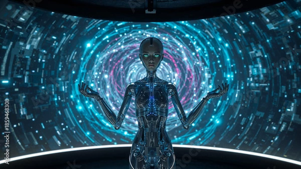 Fototapeta Humanoid Robot Android Working with Data, Futuristic Artificial Intelligence Technology Background