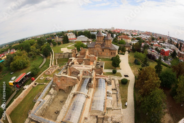 Fototapeta Fish-eye view of the medieval town of Targoviste in Romania, home of the famous Vlad Tepes (Vlad, the Impaler).