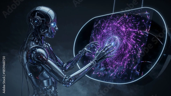 Fototapeta Humanoid Robot Android Working with Data, Futuristic Artificial Intelligence Technology Background