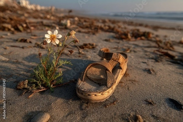 Obraz sandal and flower on debris filled beach