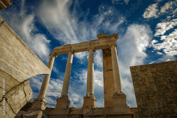 Fototapeta Epic shot of the Roman theater of Plovdiv, Bulgaria, one of the worlds best-preserved theatres against a deep blue sky. Plovdiv will be the European Capital of Culture in 2019
