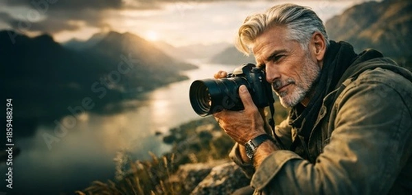 Obraz Experienced photographer holding camera at mountain viewpoint during sunset, travel photography and creative hobby.