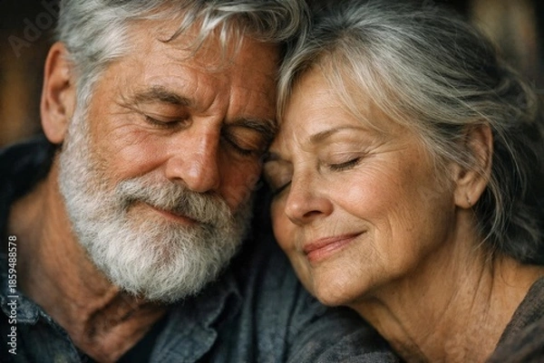 Obraz Close up of affectionate senior couple hugging with eyes closed, love, support and relationship intimacy.