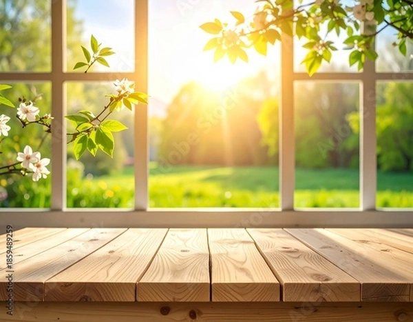 Obraz empty wooden table with green grass