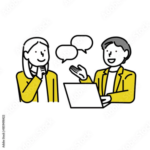 Fototapeta スーツ姿の男女がPCを見ながら会話する上半身イラスト:打ち合わせ:説明