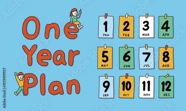 Obraz 月ごとの1年の計画を立てる学生・家族・ビジネスマンのイラスト
