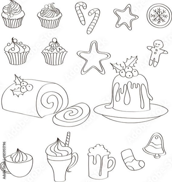 Fototapeta Set of hand drawn Christmas sweets, cakes and drinks