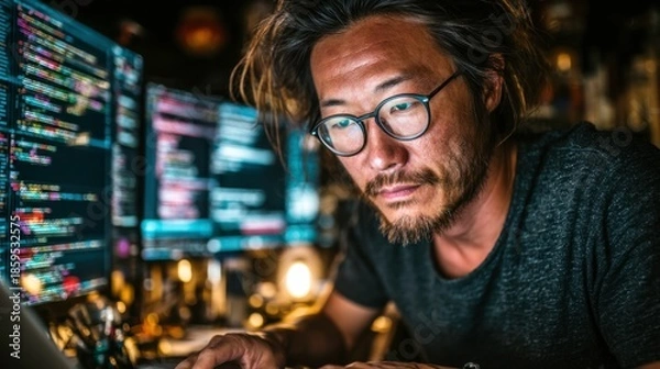 Obraz Focused Programmer Working Late at Night with Multiple Monitors