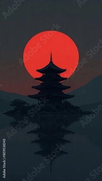 Obraz Silent Temple Under the Red Moon