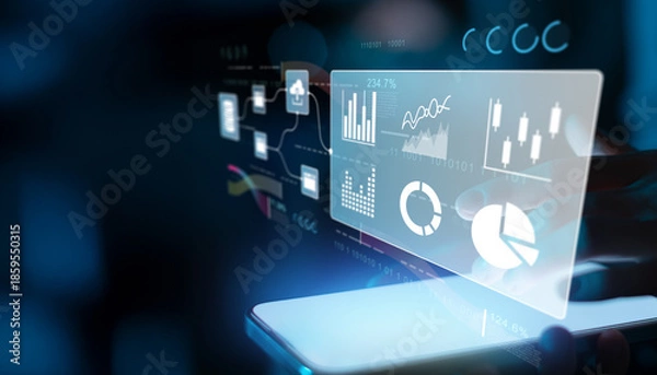 Obraz Big Data Visualization and Cloud Analytics Dashboard Displayed on a Digital Interface.