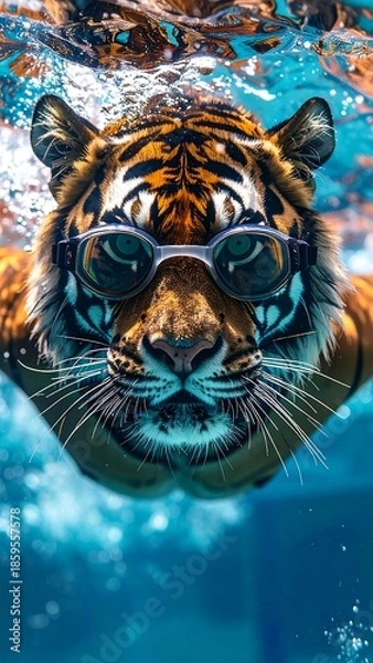 Obraz Tiger underwater with goggles