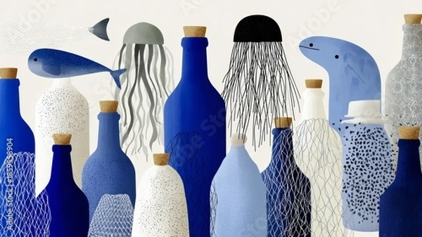 Fototapeta pattern, ocean icons mixed with trash