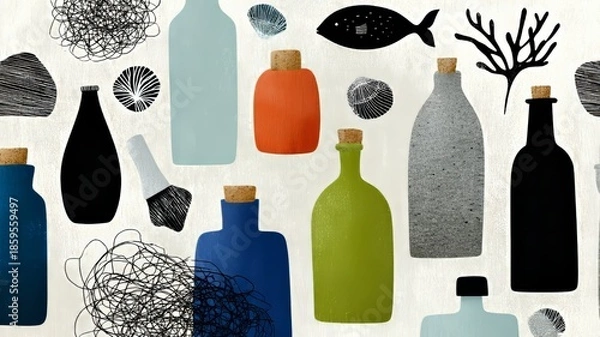 Fototapeta pattern, ocean icons mixed with trash