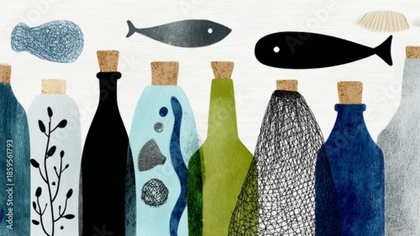 Fototapeta pattern, ocean icons mixed with trash