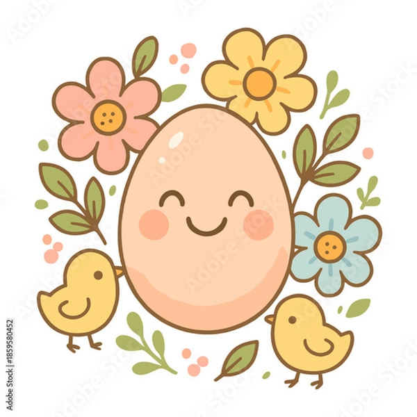 Obraz Smiling Easter egg with two cute chicks and spring flowers