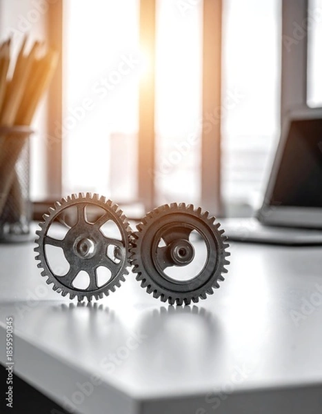 Fototapeta Two gears on a table, office setting