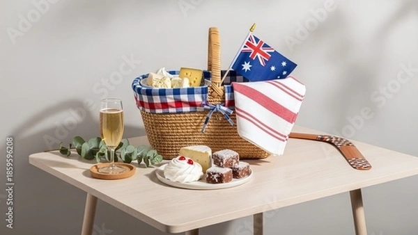 Obraz British picnic basket with cheese, wine, and Union Jack flag outdoors