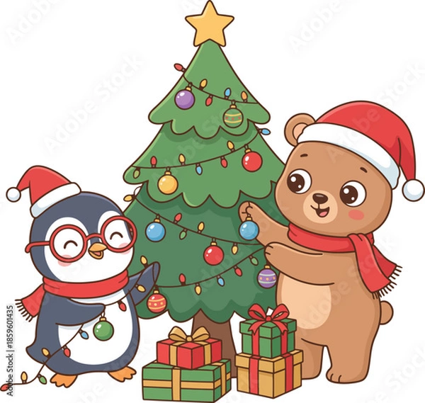 Obraz penguin and bear decorating a christmas tree together