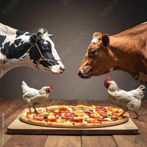 Obraz Two cows and two chickens face a pizza