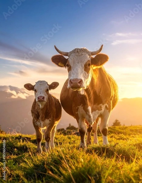Obraz Two cows in a field at sunset (1)