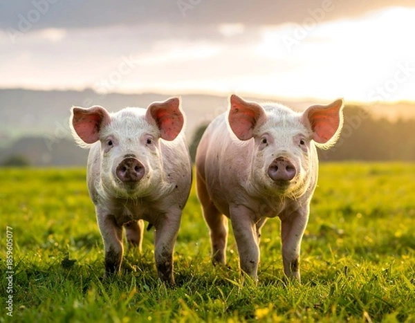 Obraz Two pigs in a field at sunset