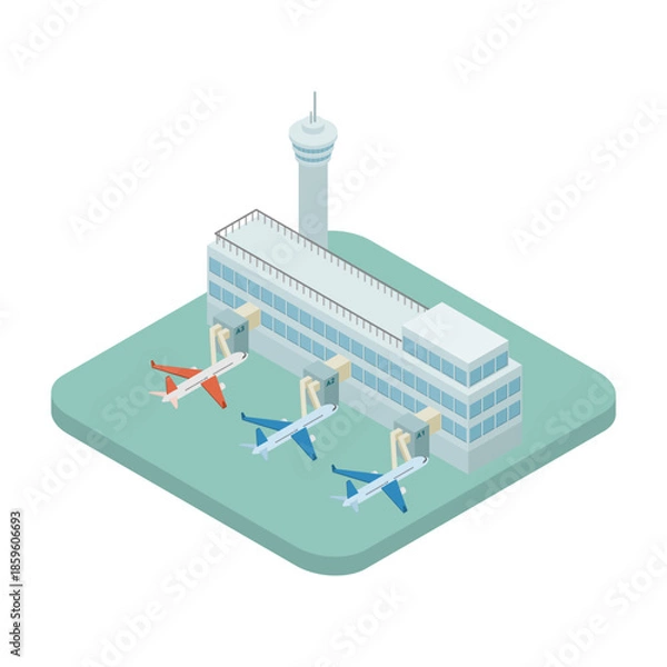 Obraz アイソメトリックイラスト：空港と飛行機