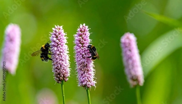 Obraz Two bumblebees on pink flowers