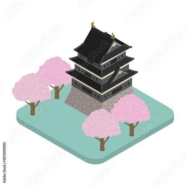 Obraz アイソメトリックイラスト：日本の城と桜