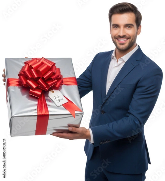 Fototapeta Smiling man in blue suit holds silver gift box with red bow and for you tag