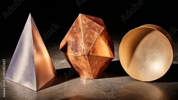 Obraz Three abstract figures progressing from sharp triangle to complex polygon to smoothed circle. Demonstrating times transformative effect.