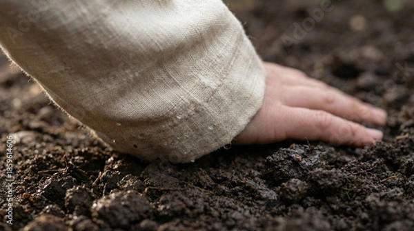 Obraz Nurturing hand touching rich garden soil