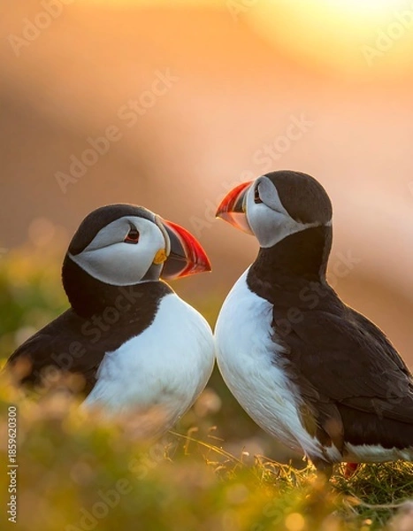 Obraz Two puffins face to face at sunset