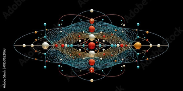 Obraz Symmetrical Orbital Array with Atomic and Planetary Motifs, ai generated.