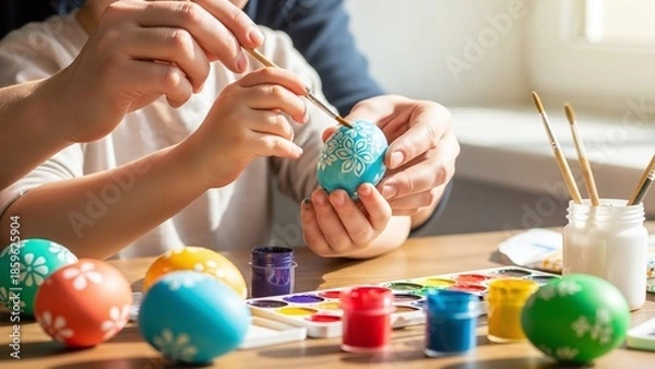 Obraz A parent's and child's hands are painting a blue Easter egg; the image is suitable for Easter greeting cards and posters for spring holidays, craft workshops, and educational websites, against a blurr