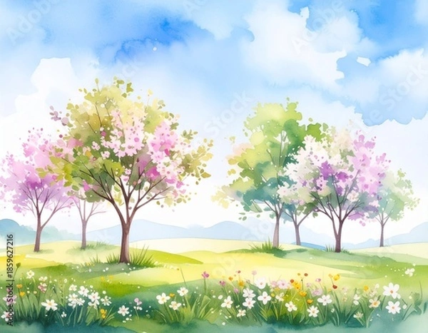 Obraz 桜の咲く野山の風景（AI生成画像）