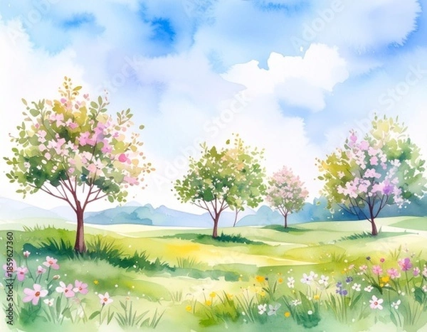 Obraz 桜の咲く野山の風景（AI生成画像）