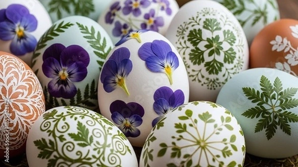Obraz This set of Easter eggs, decorated with real dried flowers and green leaves, is perfect for Easter greeting cards, spring holiday blogs, website banners, and craft workshops.