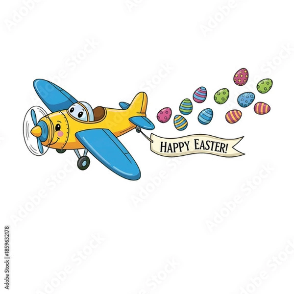 Obraz Airplane trailing Easter eggs and “Happy Easter” message, blending travel and festivity.