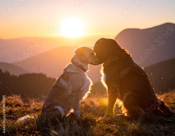 Obraz Two dogs at sunset, mountain backdrop
