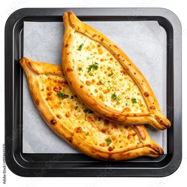 Obraz Two cheesy, baked pastries on a baking sheet