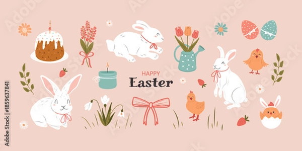 Fototapeta Cute vintage hand-drawn Easter vector set. Vector design.