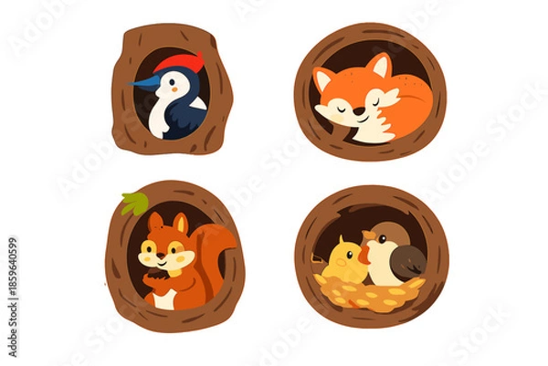 Obraz Cute forest animals in tree hollows