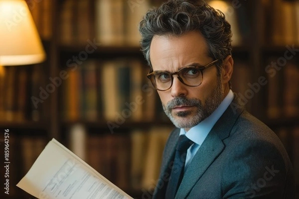 Obraz Professional man in glasses reading document in library