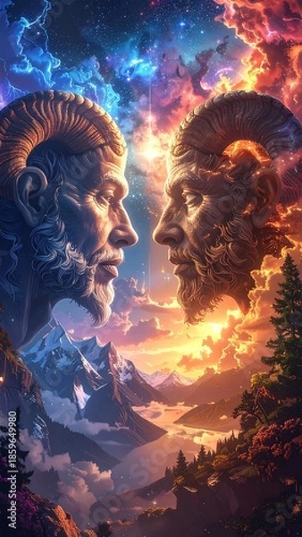 Obraz Two faces, reflecting opposing forces, framed by a celestial landscape