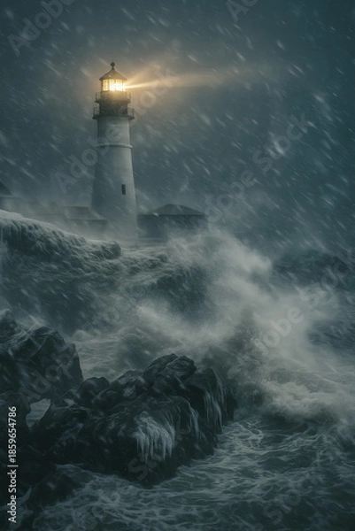 Obraz AI Generated lighthouse during a big snow storm
