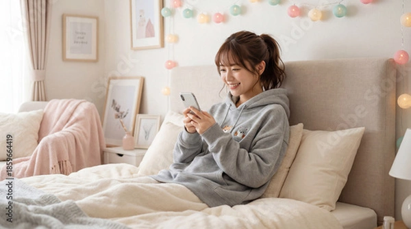 Fototapeta 自宅でスマートフォンを見る女性