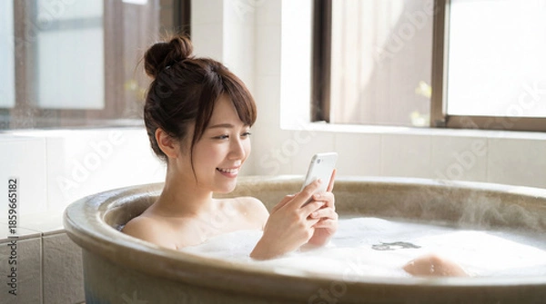 Fototapeta お風呂でスマートフォンを見る女性
